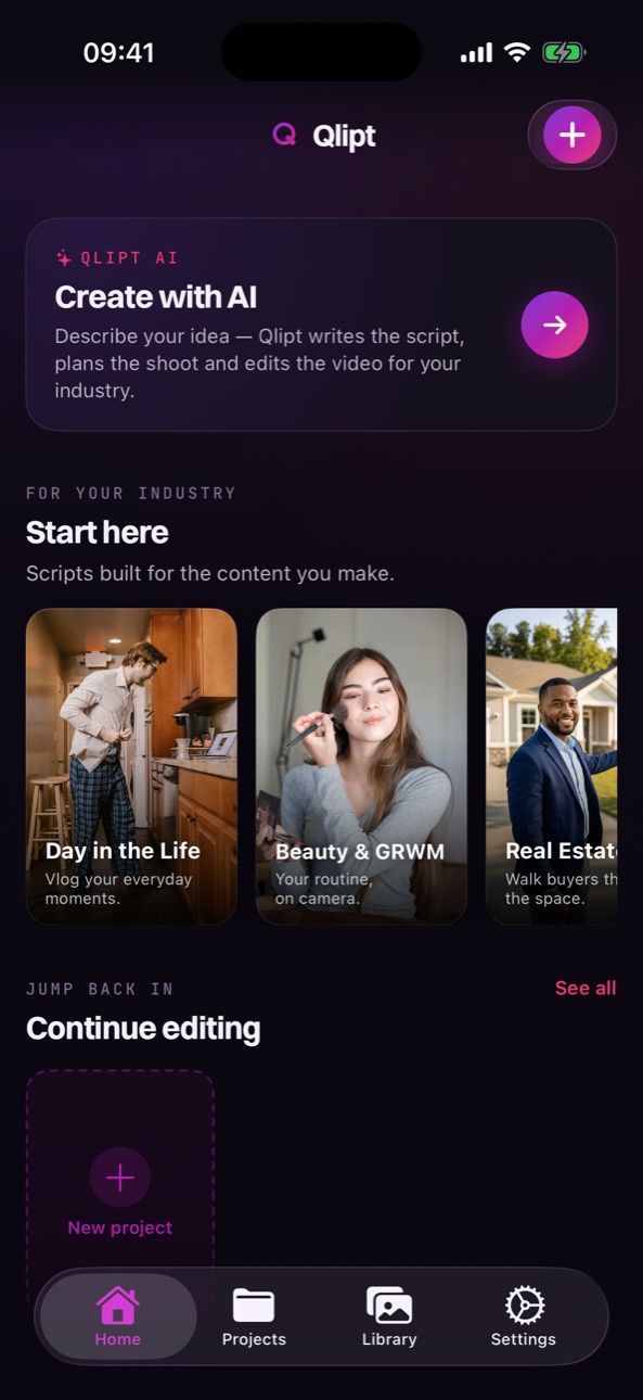 Qlipt home screen with industry-specific video starters