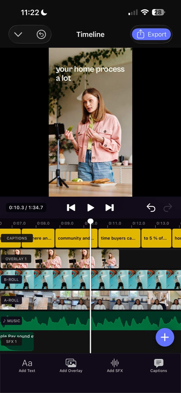 Qlipt multi-track timeline with captions, overlays, B-roll, music and SFX